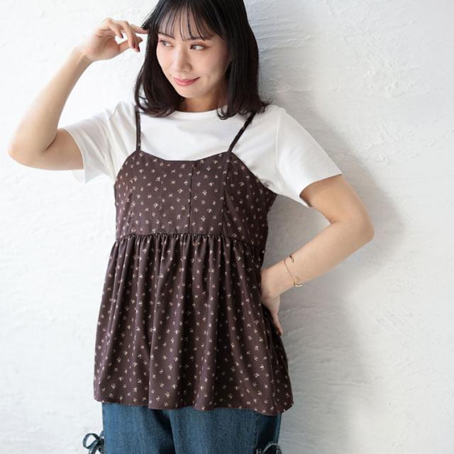 小花柄バックシャーリングビスチェチュニック