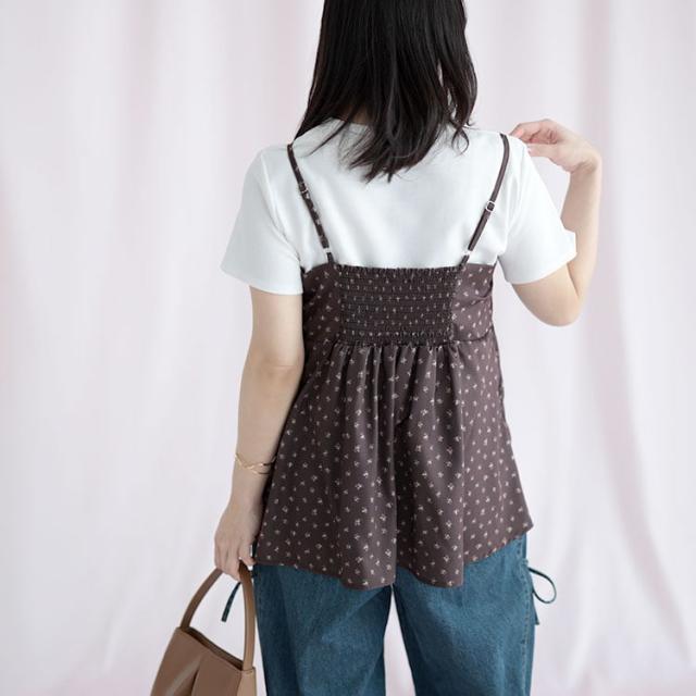 小花柄バックシャーリングビスチェチュニック