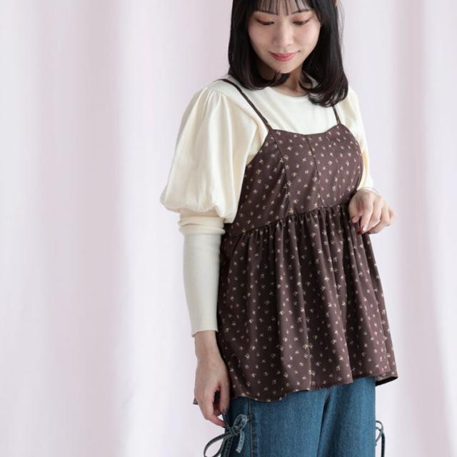小花柄バックシャーリングビスチェチュニック