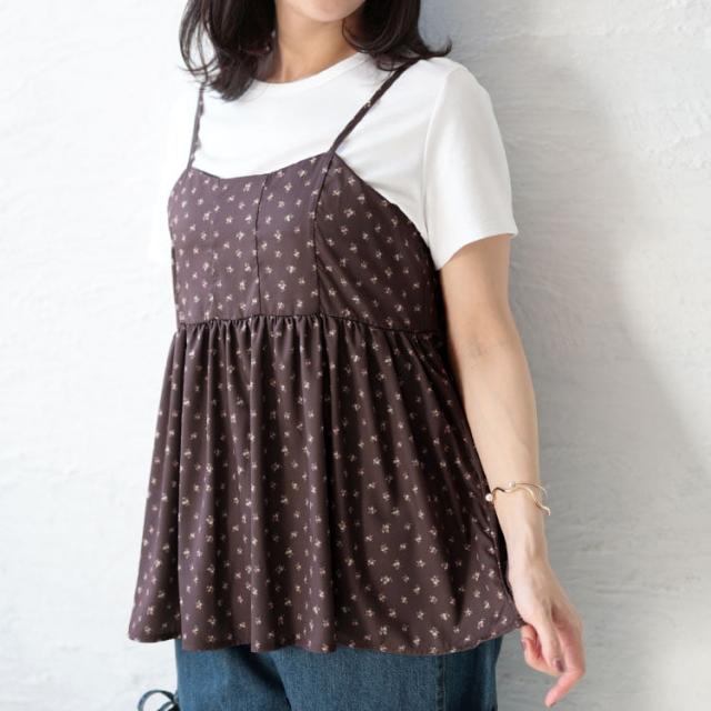 小花柄バックシャーリングビスチェチュニック