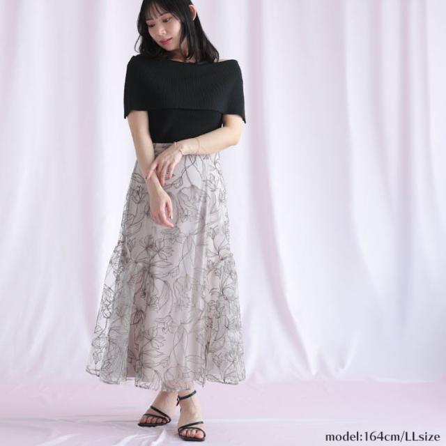 チュール刺繍フラワーフレアスカート