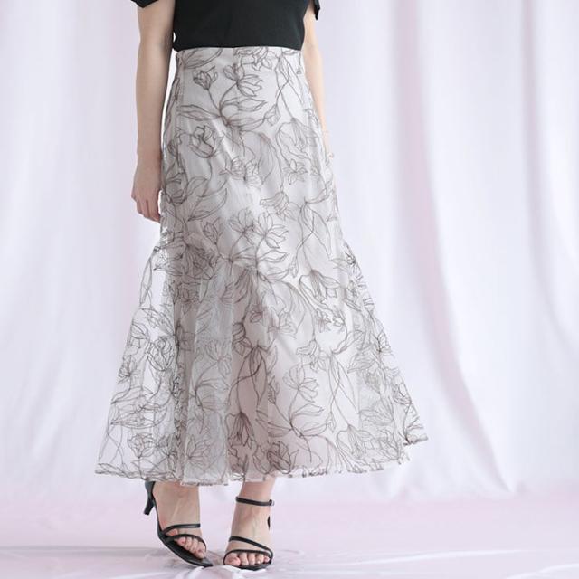 チュール刺繍フラワーフレアスカート