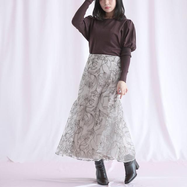 チュール刺繍フラワーフレアスカート