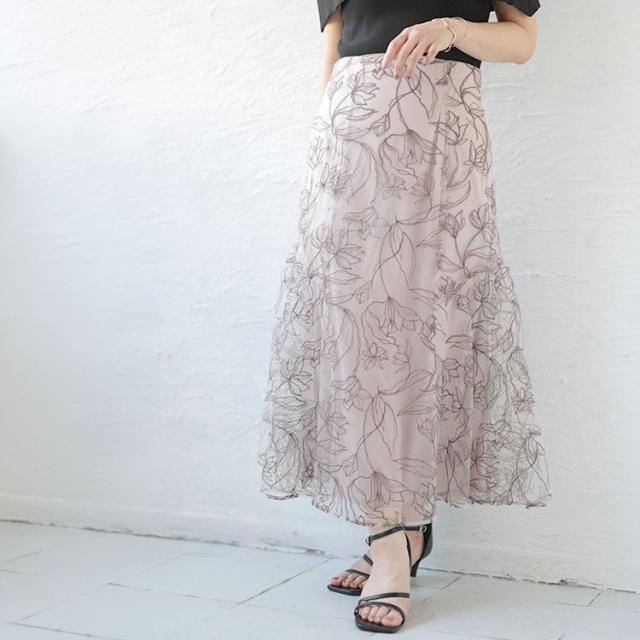 チュール刺繍フラワーフレアスカート