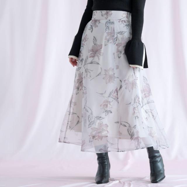 オーガンジーフラワーフレアスカート