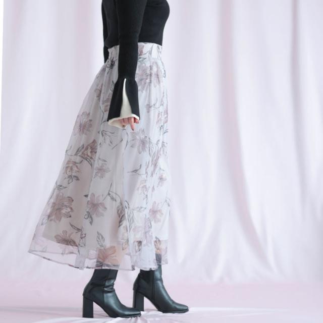 オーガンジーフラワーフレアスカート
