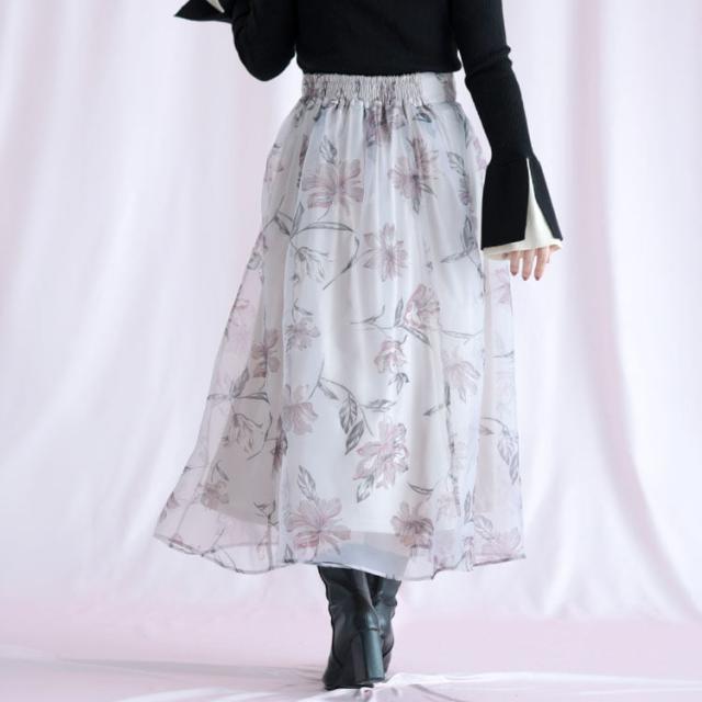オーガンジーフラワーフレアスカート