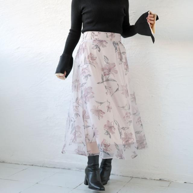 オーガンジーフラワーフレアスカート