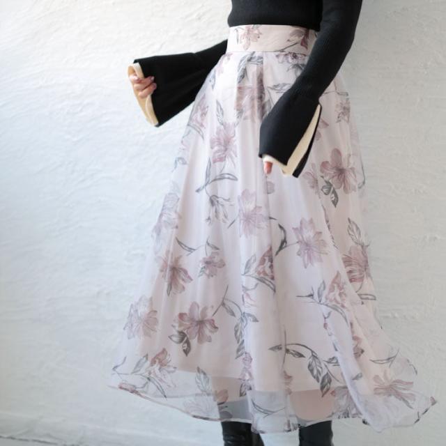 オーガンジーフラワーフレアスカート