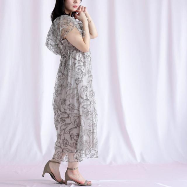 チュール刺繍フラワーフレアワンピース