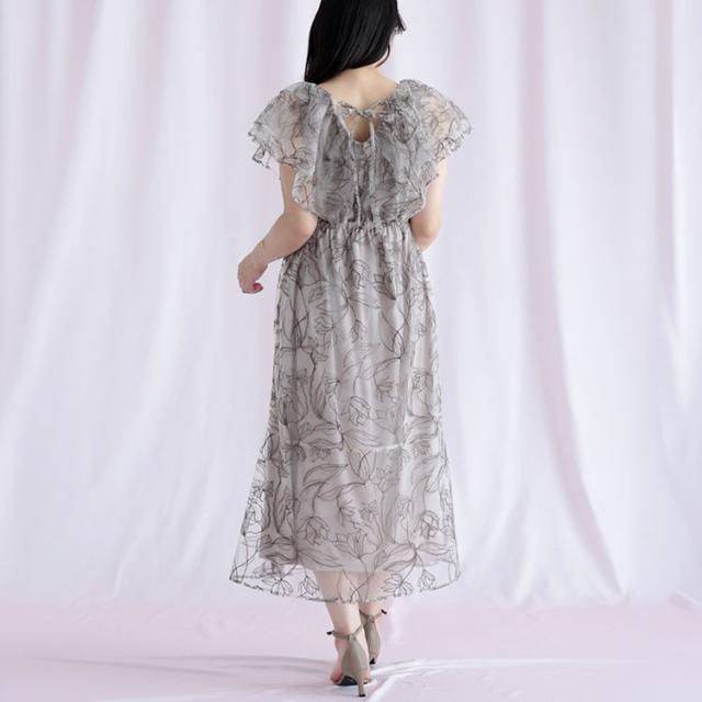 チュール刺繍フラワーフレアワンピース
