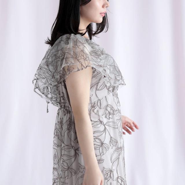 チュール刺繍フラワーフレアワンピース