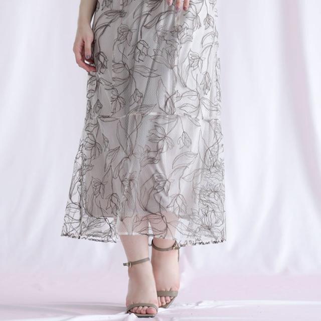 チュール刺繍フラワーフレアワンピース