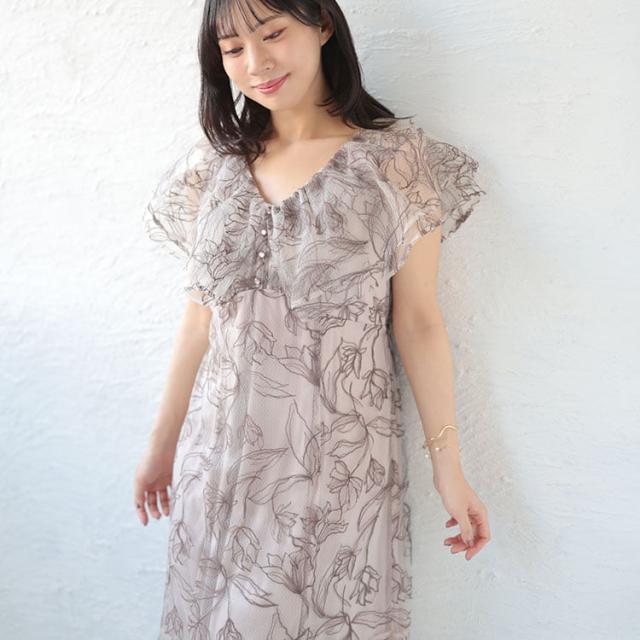 チュール刺繍フラワーフレアワンピース