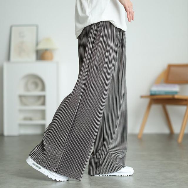 花柄＆ストライプ柄プリーツワイドパンツ
