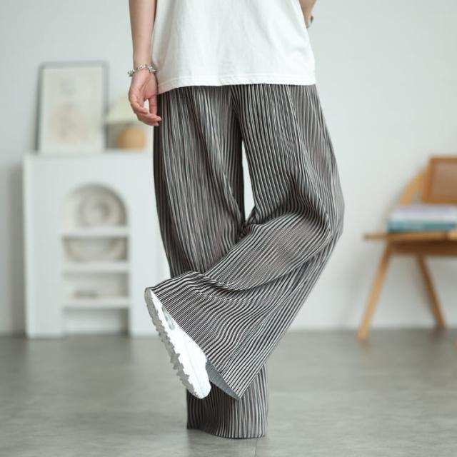 花柄＆ストライプ柄プリーツワイドパンツ