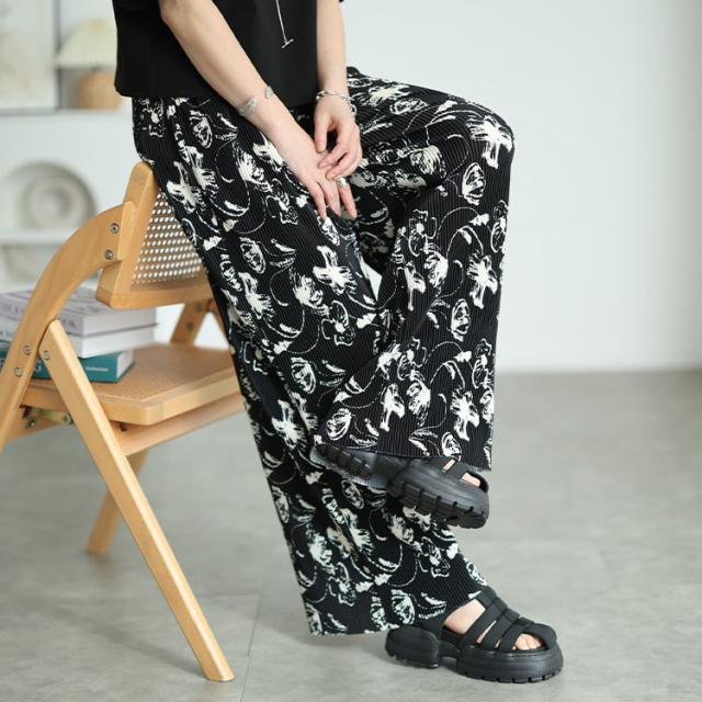 花柄＆ストライプ柄プリーツワイドパンツ