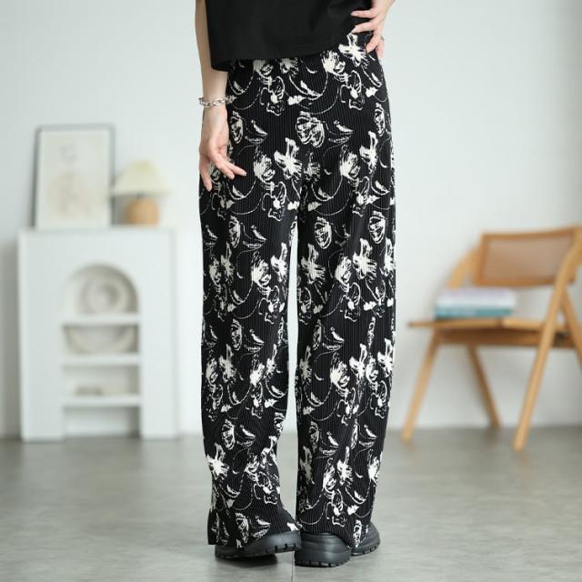 花柄＆ストライプ柄プリーツワイドパンツ