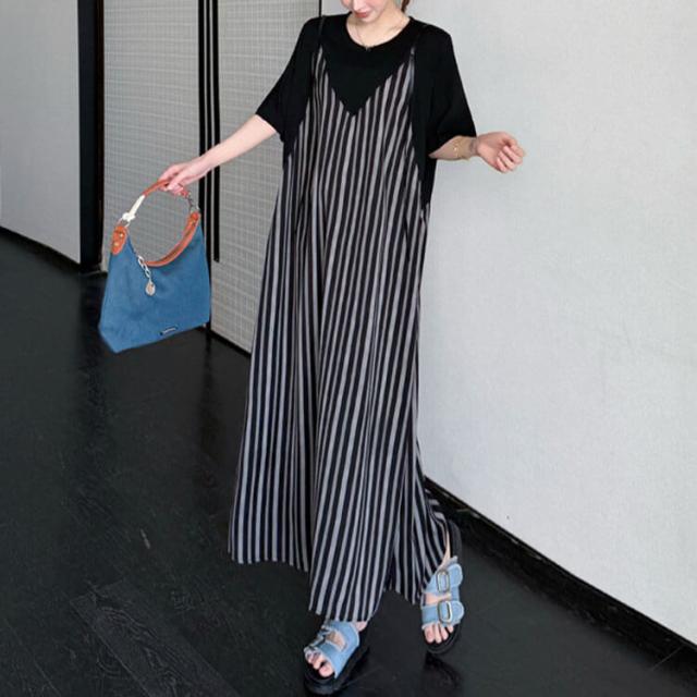 ストライプキャミ重ね着風ワンピース