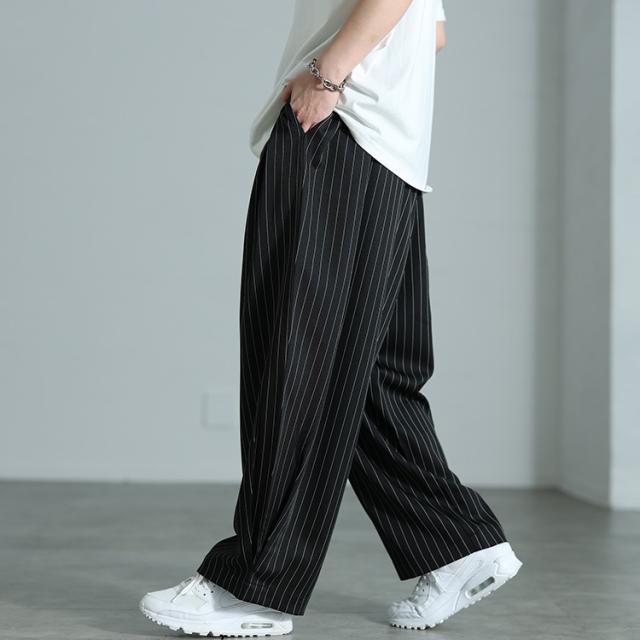 ストライプ変形タックワイドパンツ
