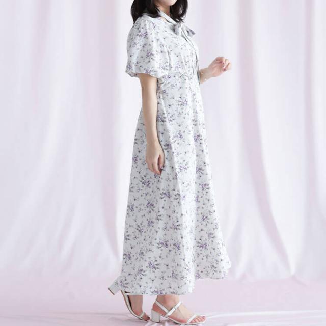 花柄プリントボウタイドッキングワンピース