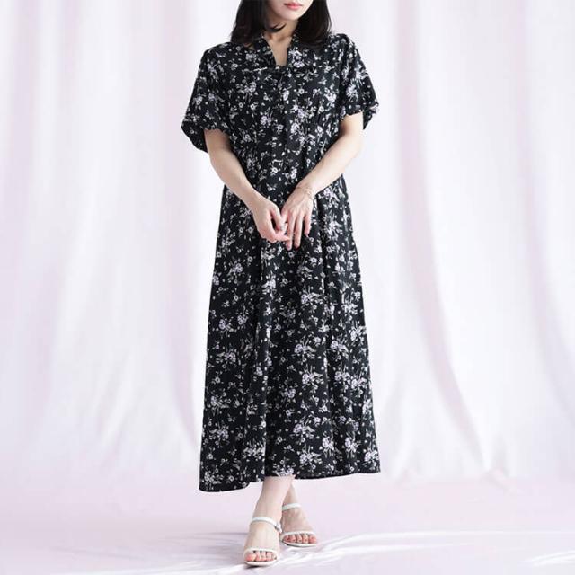 花柄プリントボウタイドッキングワンピース