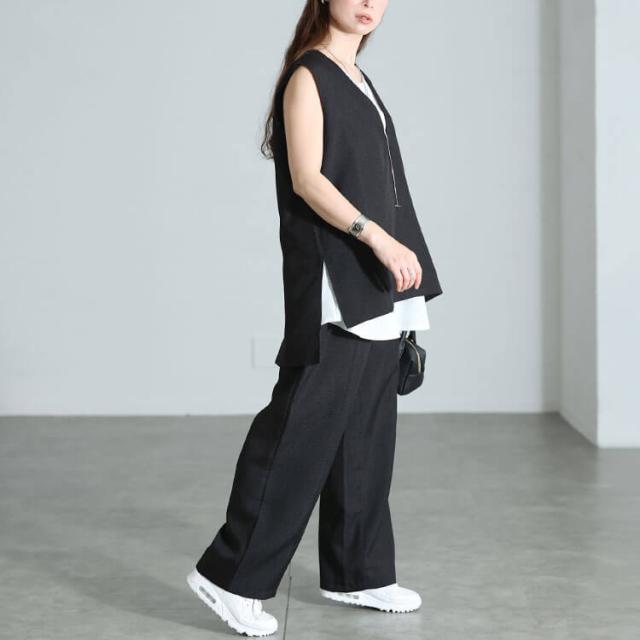 麻調ツイードベスト&ワイドパンツ&タンクトップ3点セット