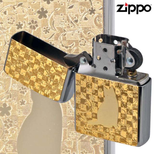 zippo(ジッポーライター)ネコと花 ブラッシュクローム ゴールドプレート貼り 画像4