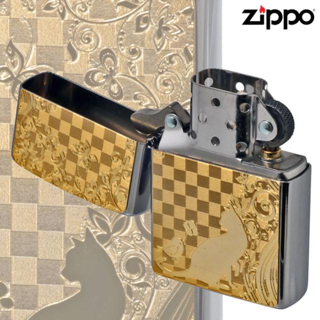 zippo(ジッポーライター)ネコと小鳥 ブラッシュクローム ゴールドプレート貼り 画像4