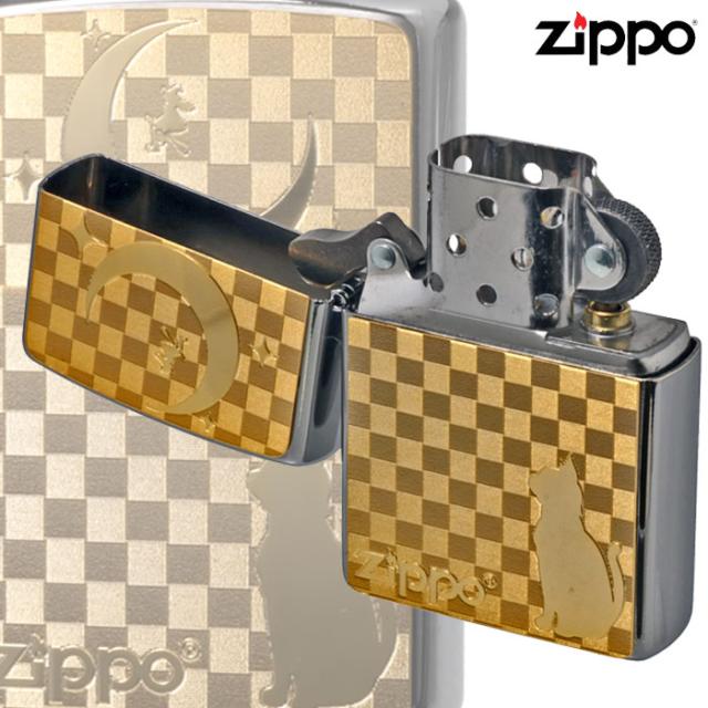 zippo(ジッポーライター)ネコと月 ブラッシュクローム ゴールドプレート貼り 画像4