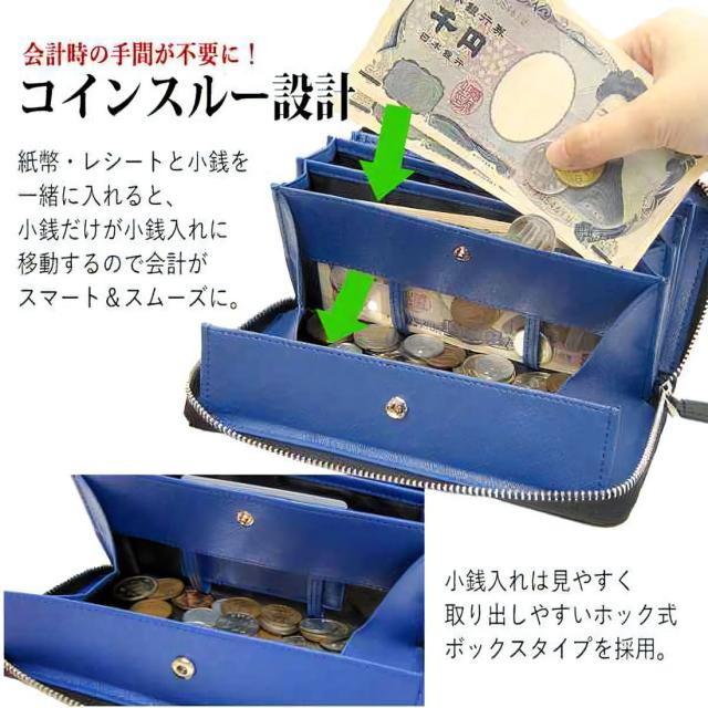 財布 本革 長財布 オイルレザー 牛革 ラウンドファスナー コインスルー式 皮革 ブラック/ブルー Maturi JAPAN MR-072-BKBL画像