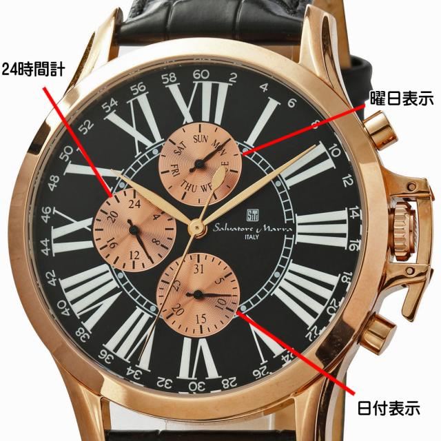 腕時計メンズ 【Salvatore Marra】サルバトーレマーラ　ウォッチ　レザーベルト アナログ カレンダー 24時間計 マルチファンクション  SM23101-PGBK画像3