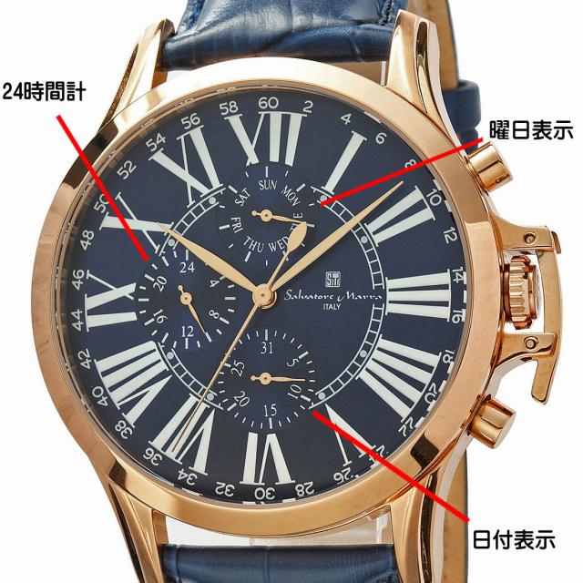 腕時計メンズ 【Salvatore Marra】サルバトーレマーラ ウォッチ レザーベルト アナログ カレンダー 24時間計 マルチファンクション SM23101-PGBL画像3