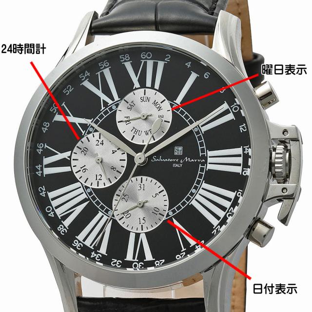 腕時計メンズ 【Salvatore Marra】サルバトーレマーラ ウォッチ レザーベルト アナログ カレンダー 24時間計 マルチファンクション SM23101-SSBK画像3