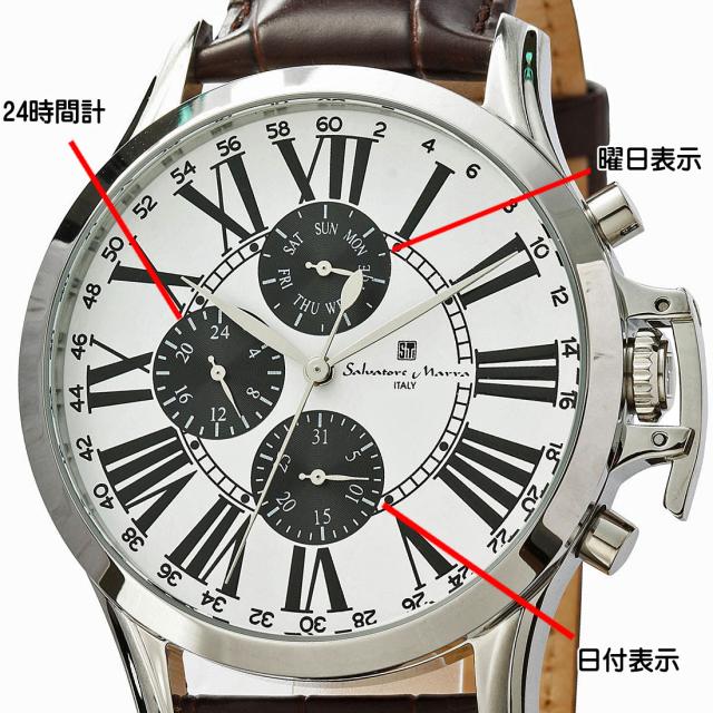 腕時計メンズ 【Salvatore Marra】サルバトーレマーラ　ウォッチ　レザーベルト アナログ カレンダー 24時間計 マルチファンクション  SM23101-SSWH画像3