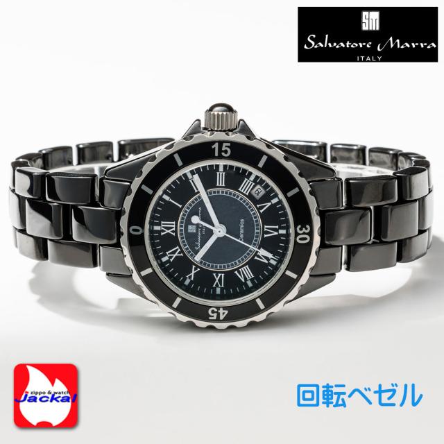 腕時計 メンズ Salvatore Marra サルバトーレマーラ セラミックウォッチ ローマインデックス 3気圧防水 回転ベゼル SM23103-BKR画像4