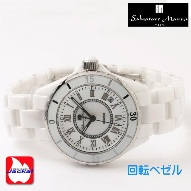 腕時計 メンズ Salvatore Marra サルバトーレマーラ セラミックウォッチ ローマインデックス 3気圧防水 回転ベゼル SM23103-WHR画像4
