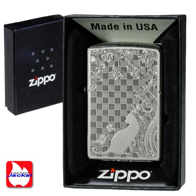 zippo(ジッポーライター)ネコと小鳥 ブラッシュクローム メタルプレート貼り 画像2