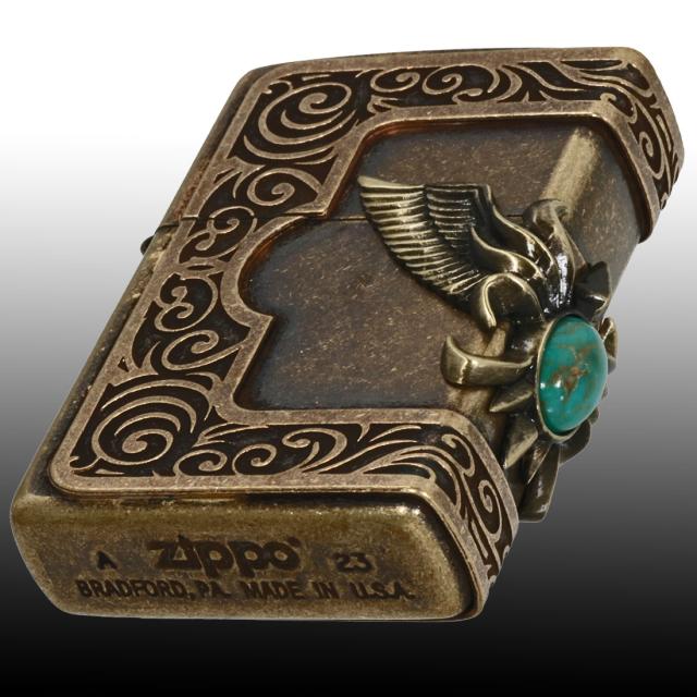 ZIPPO/ストーンウィングメタルジッポー ターコイズ　天然石入りメタル　ブラス古美バレル　STWM-BRLTQ-200B画像4