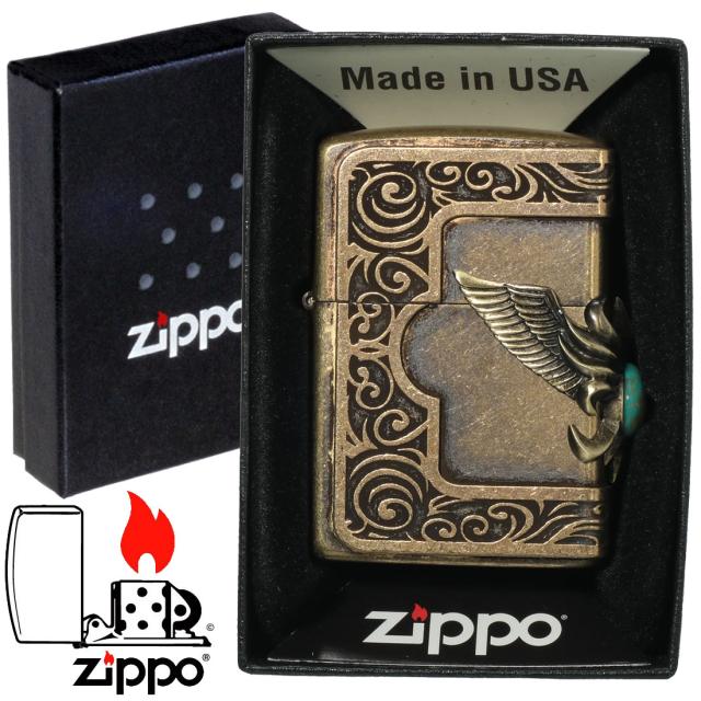 ZIPPO/ストーンウィングメタルジッポー ターコイズ　天然石入りメタル　ブラス古美バレル　STWM-BRLTQ-200B画像4