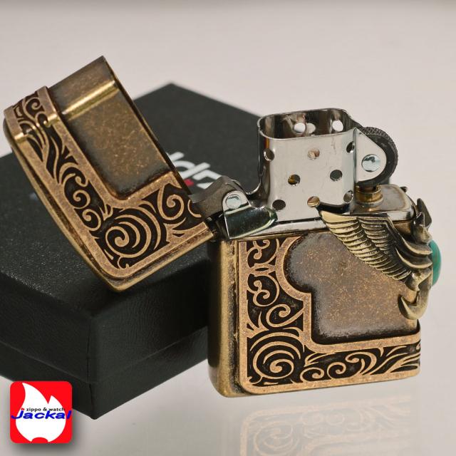 ZIPPO/ストーンウィングメタルジッポー ターコイズ　天然石入りメタル　ブラス古美バレル　STWM-BRLTQ-200B画像5