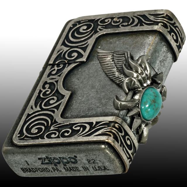 ZIPPO/ストーンウィングメタルジッポー ターコイズ　天然石入りメタル 古美バレル　STWM-BRLTQ-200FB画像4