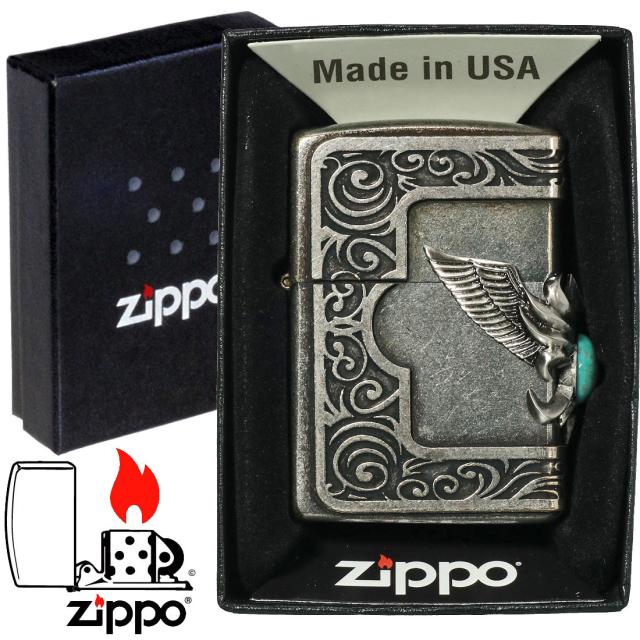 ZIPPO/ストーンウィングメタルジッポー ターコイズ　天然石入りメタル 古美バレル　STWM-BRLTQ-200FB画像4