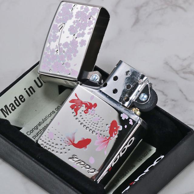 ZIPPO/金魚と桜　ホワイトニッケル 両面エッチング　プリント　KINGYOSAKURA画像4