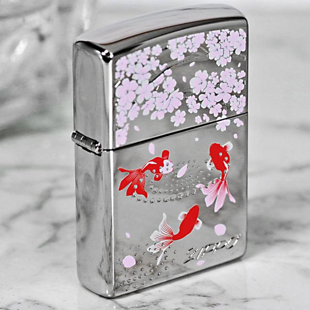 ZIPPO/金魚と桜　ホワイトニッケル 両面エッチング　プリント　KINGYOSAKURA画像5