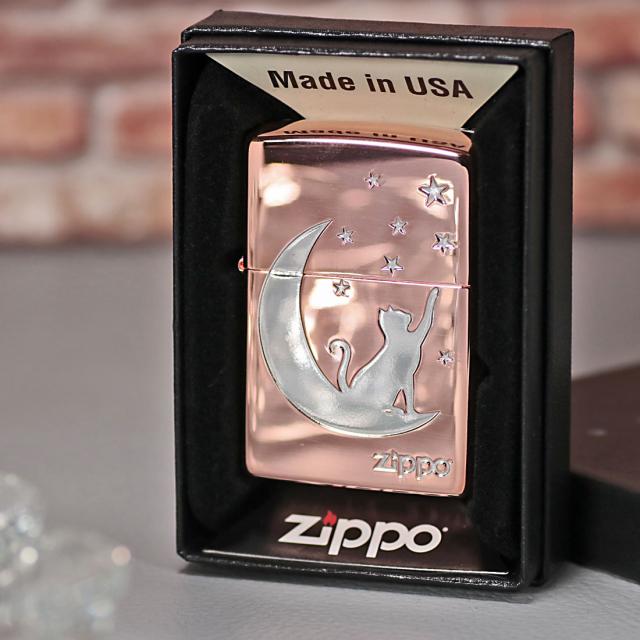 ZIPPO/月とネコ　ピンクゴールドメッキ　ニッケルメッキ　ポリッシュ仕上げ　エッチング　TUKINEKO-PKG画像5