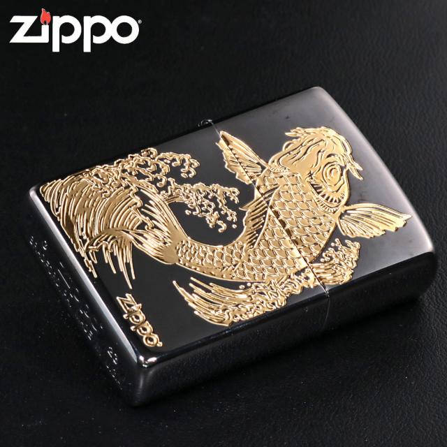 ZIPPO/Carp 鯉 ブラックニッケル エッチング金サシ ZIPPOロゴ入り 2BKG-CARP画像4
