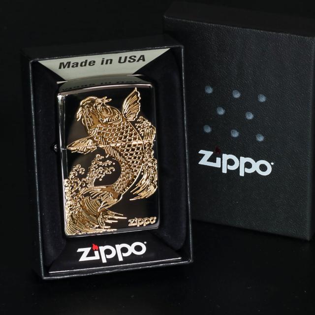 ZIPPO/Carp 鯉 ブラックニッケル エッチング金サシ ZIPPOロゴ入り 2BKG-CARP画像5