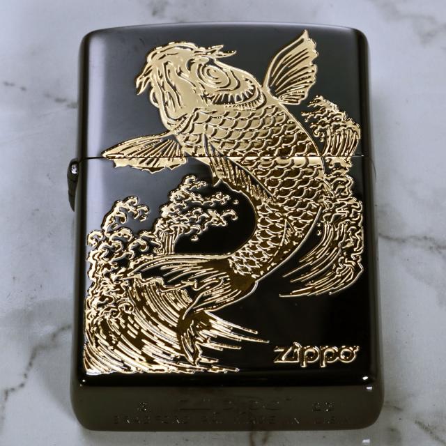 ZIPPO/Carp 鯉 ブラックニッケル エッチング金サシ ZIPPOロゴ入り 2BKG-CARP画像6