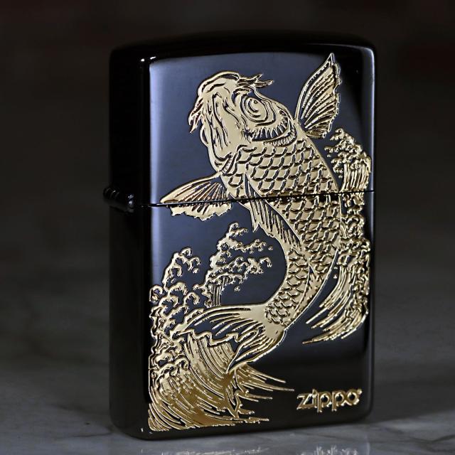 ZIPPO/Carp 鯉 ブラックニッケル エッチング金サシ ZIPPOロゴ入り 2BKG-CARP画像7